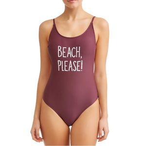 BEACH PLEASE Graphic Maroon High Leg 1 Piece Low Back Swimsuit NWT Size M